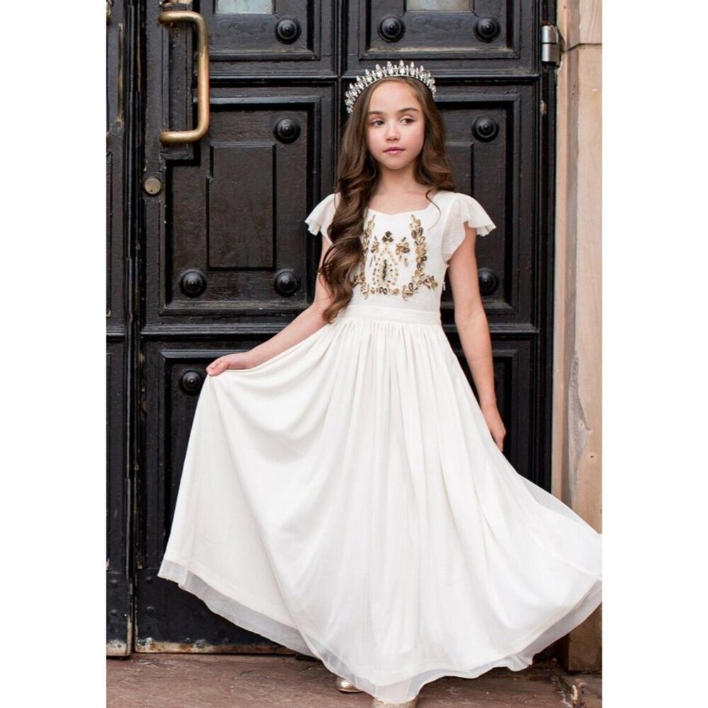 Mia Joy Girls Dress Size 12 Ivory With Gold & Brown Beaded Floral Accents Cap Sl